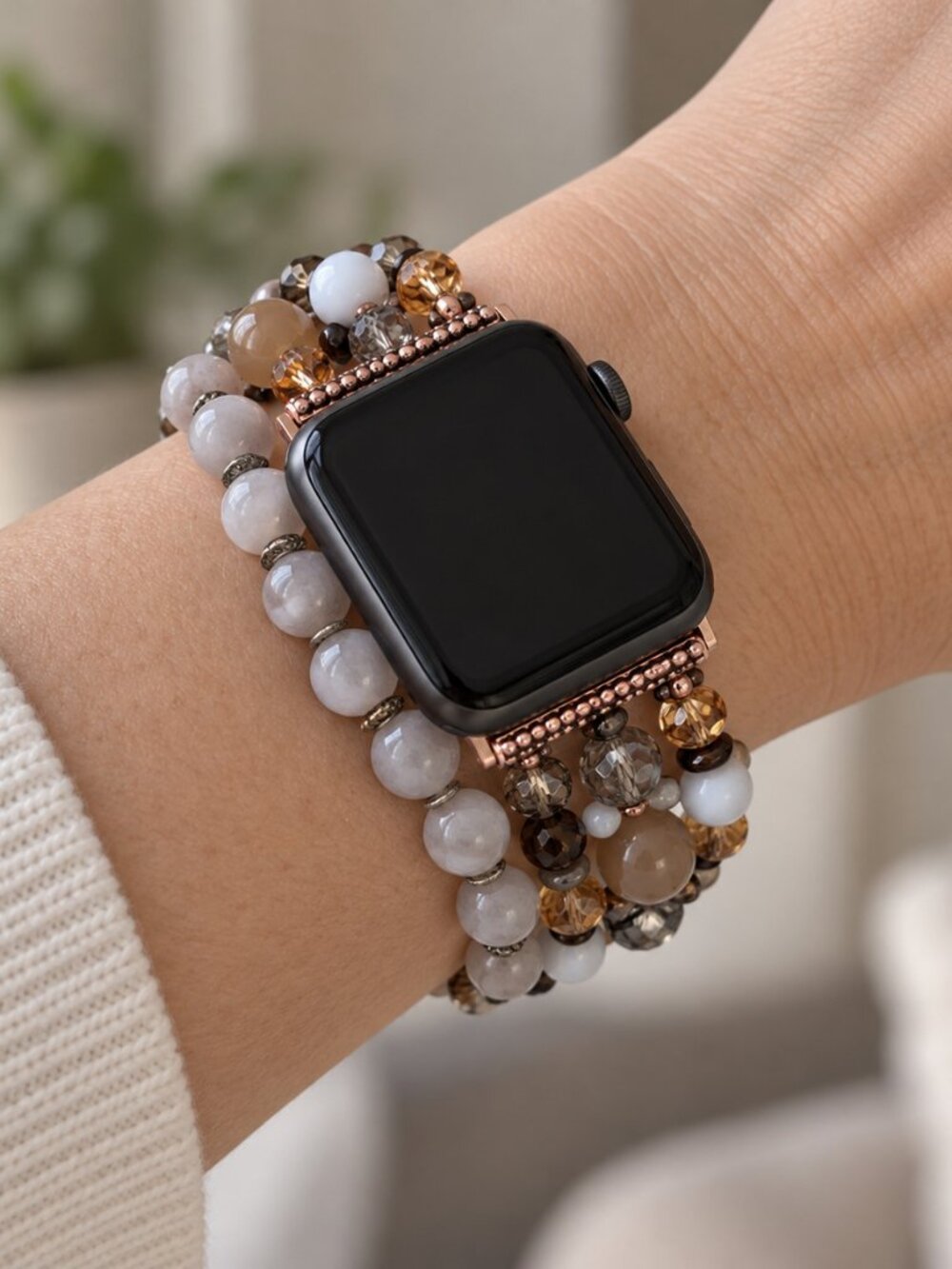 Fitbit Versa 1 Compatible Beaded Gemstone Look Watch Band Rose Gold Boho